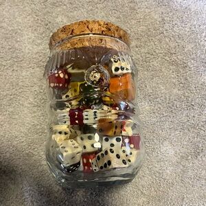Vintage Glass Jar with Cork Lid and Colorful Dice